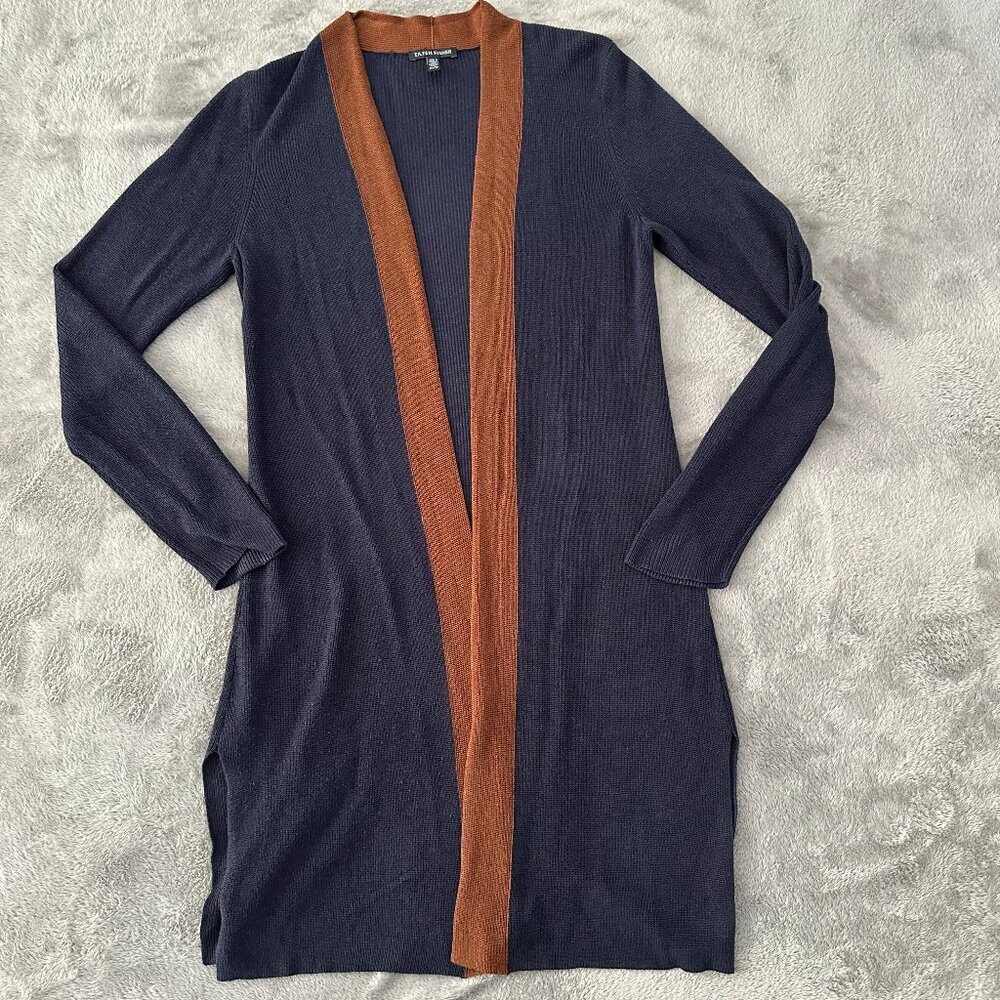 Eileen Fisher Tencel Silk Long Sweater Cardigan Navy Tan Women's XS